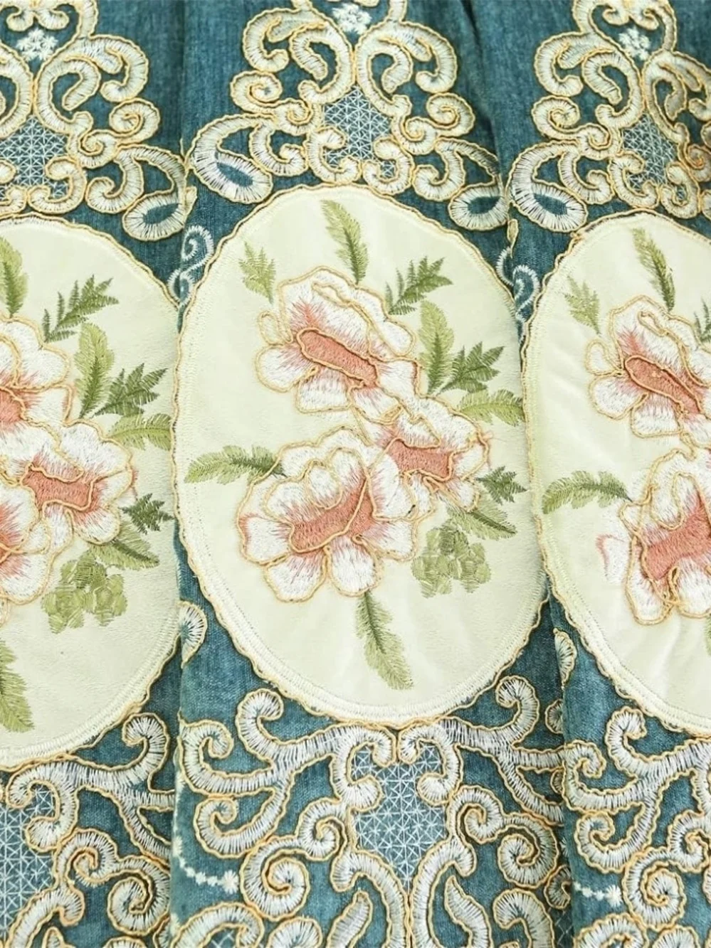 Luxurious Teal and Cream Embroidered Window Curtain Panel